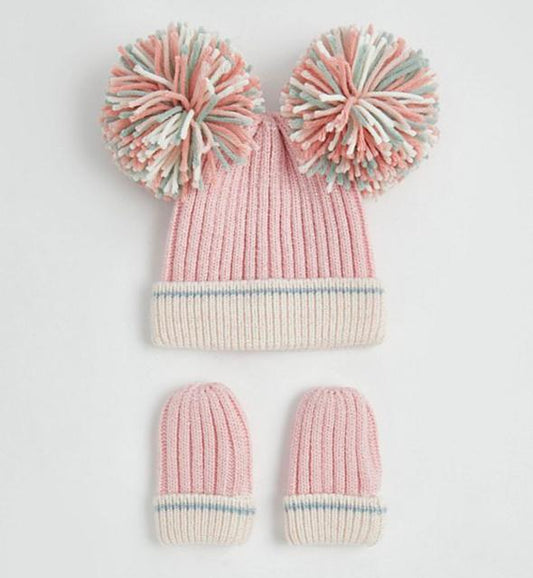 George Pink Shimmer Knitted Cap & Mittens Set