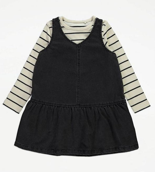 George Cream Striped Top & Denim Frill Pinafore