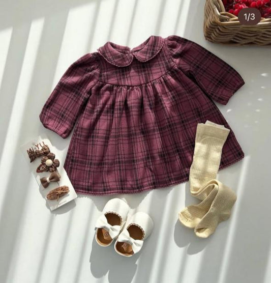 Burgundy Checked Collared Frock With leggings
