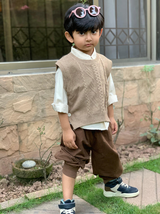 3pc Knitted Sweater,Collared Shirt with baggy Pants set