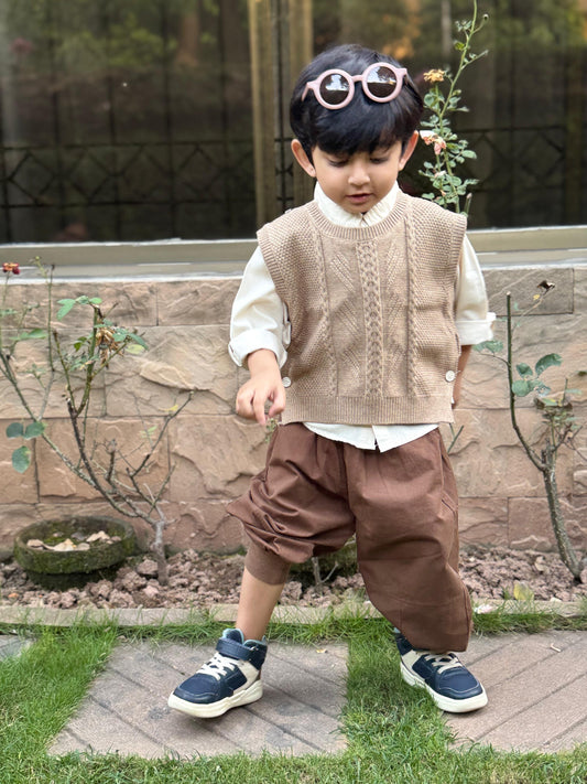 3pc Knitted Sweater,Collared Shirt with baggy Pants set