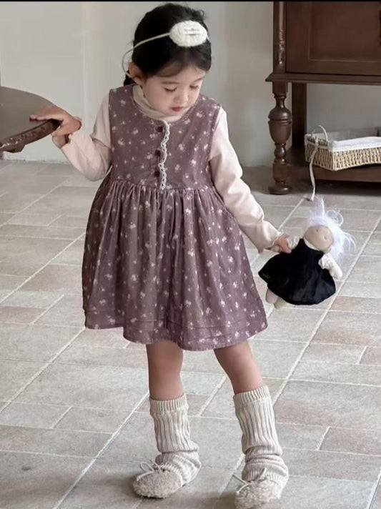 Corduroy Floral Frock with High neck