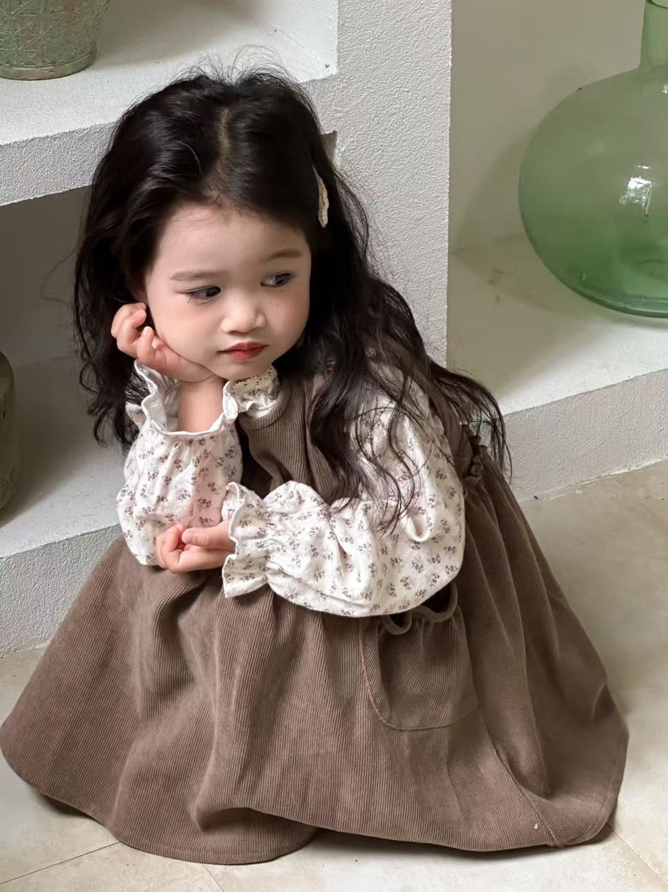 Corduroy Frock with Floral high-neck
