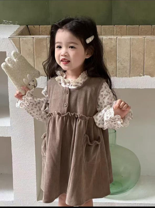 Corduroy Frock with Floral high-neck