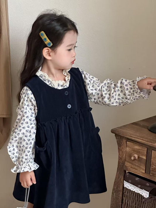 Corduroy Frock with Floral High-neck