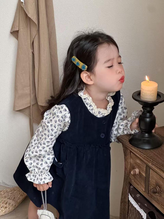 Corduroy Frock with Floral High-neck