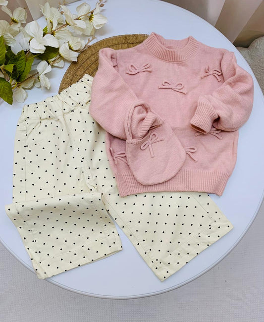 3pc Knitted bows Sweater, matching bag & Pants Set