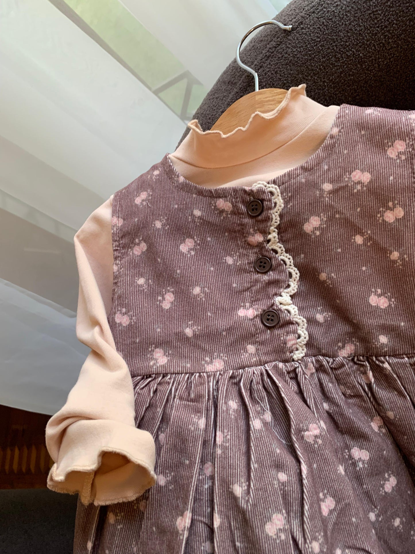 Corduroy Floral Frock with High neck