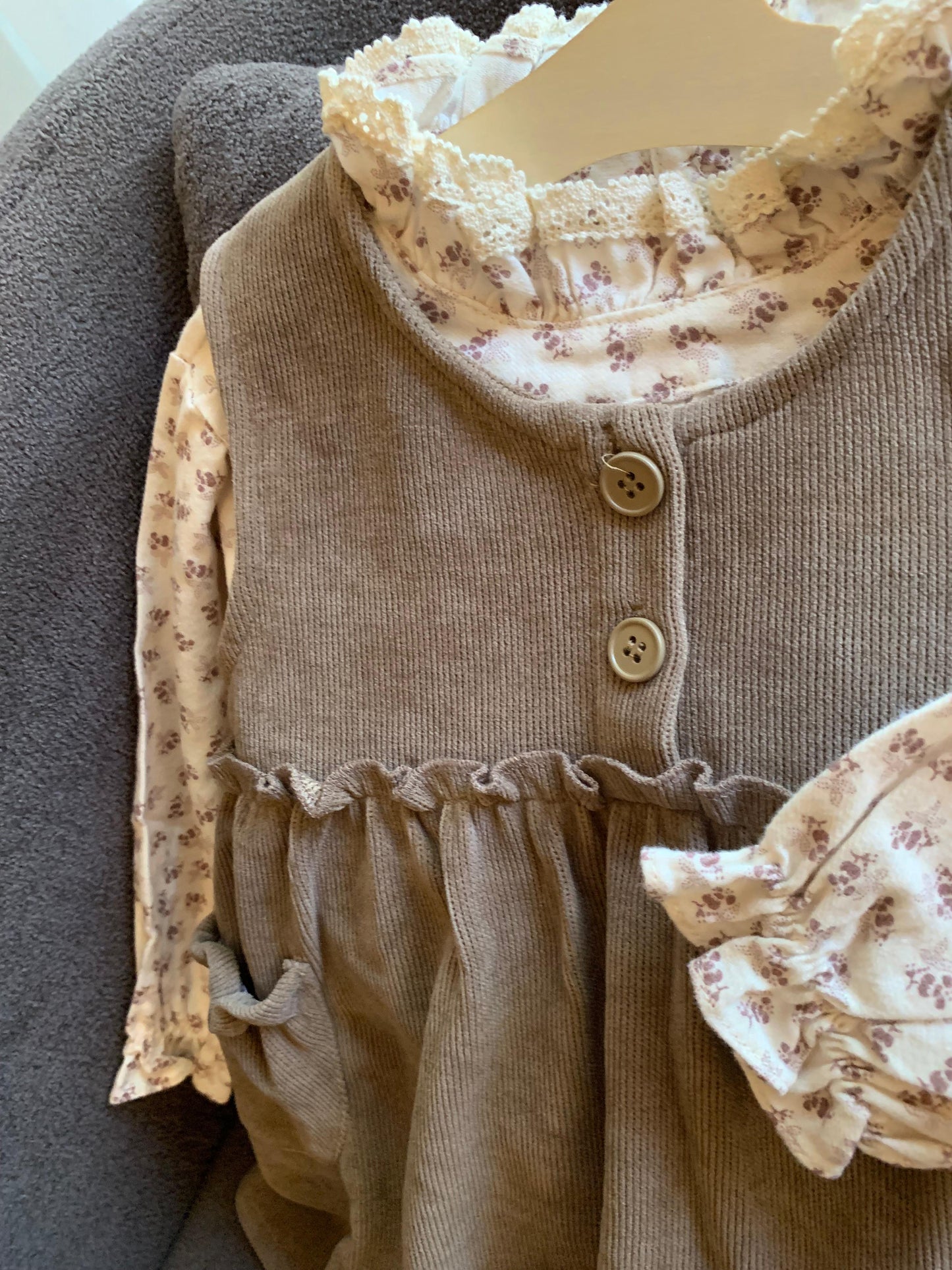 Corduroy Frock with Floral high-neck