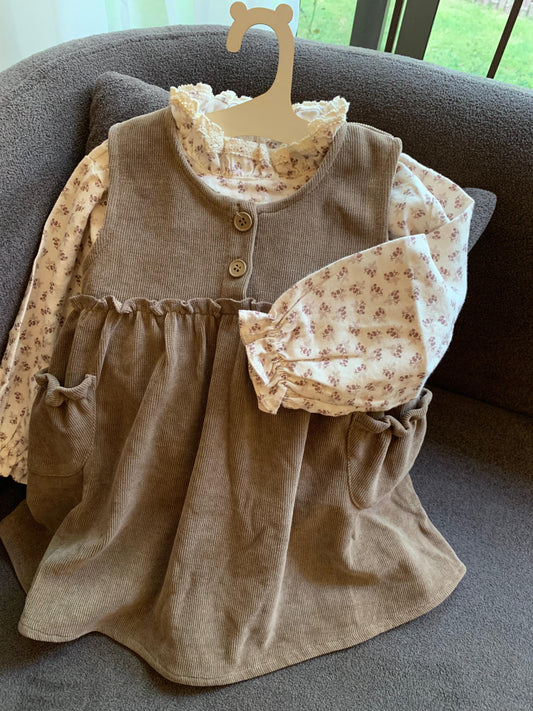 Corduroy Frock with Floral high-neck