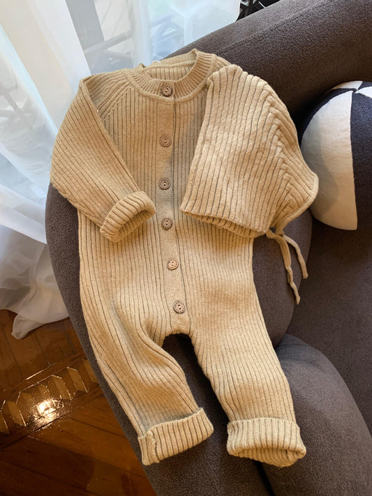Knitted Beige Buttoned Sleepsuit with Cap