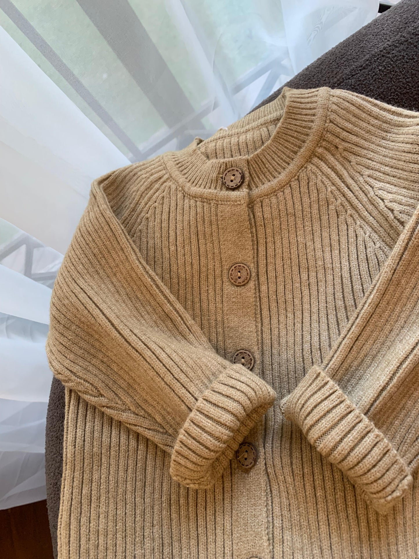 Knitted Beige Buttoned Sleepsuit with Cap
