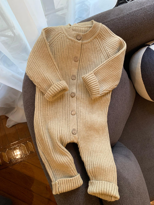 Knitted Beige Buttoned Sleepsuit with Cap