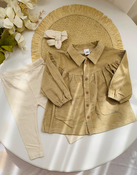 3Pc Corduroy Frock with matching Tights & Headband