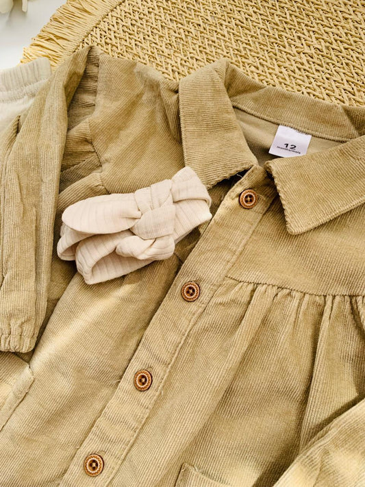 3Pc Corduroy Frock with matching Tights & Headband