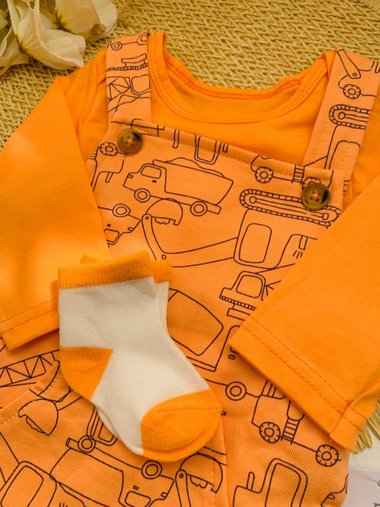 3Pc Vehicles Print Dungarees with Bodysuit & Socks