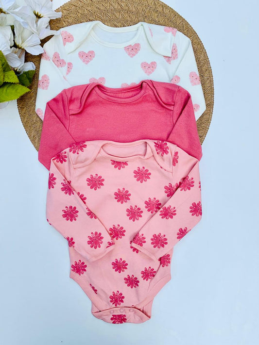 George Pack of 3 Flower Heart Long Sleeve Bodysuits