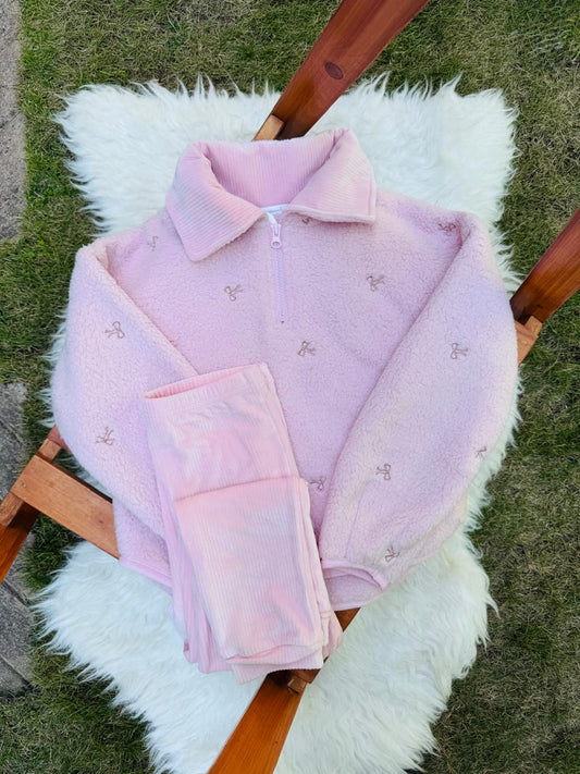 Tu Clothing Bows Embrioded Sherpa Shirt & Trouser Set