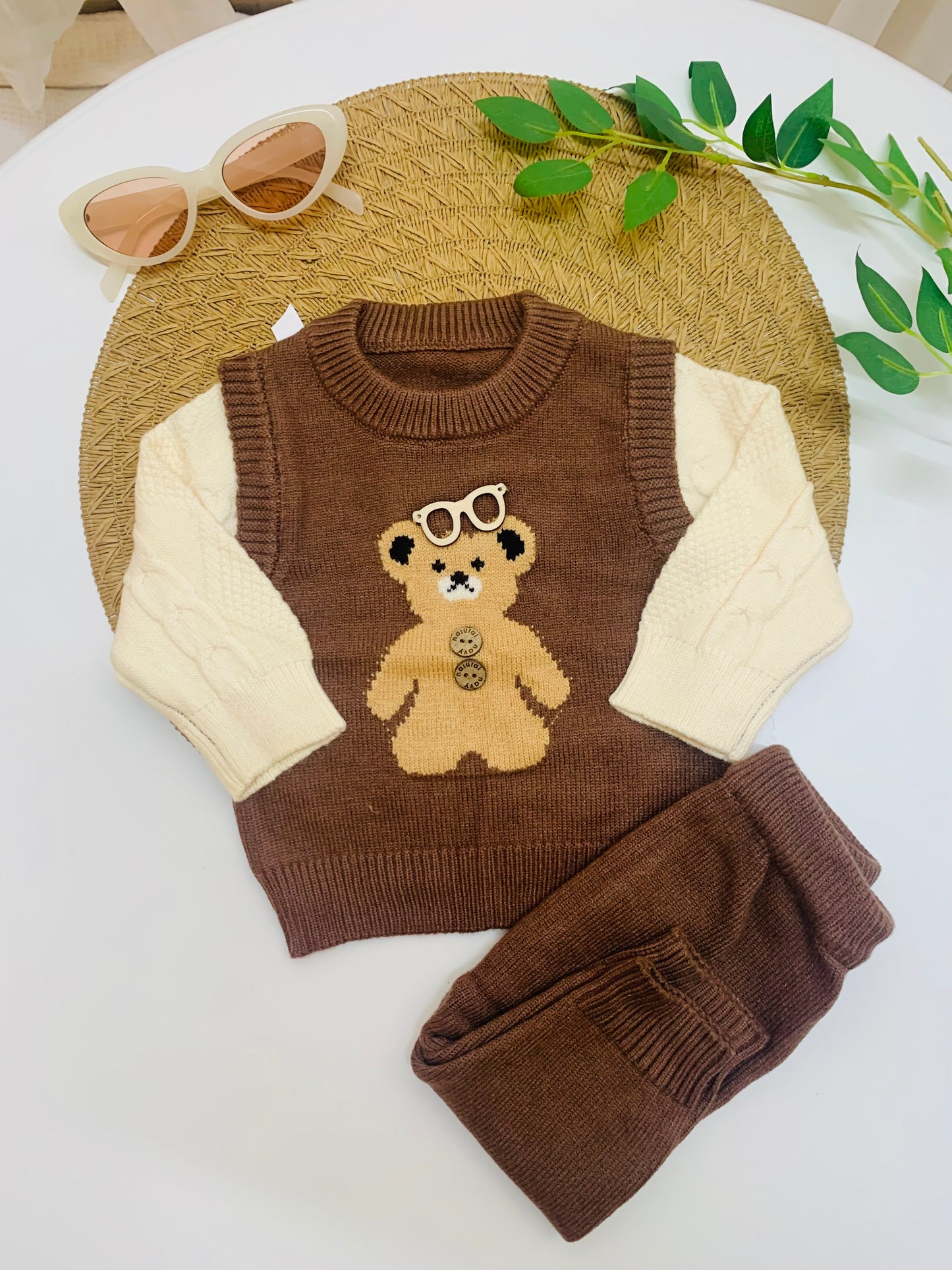 Knitted Embroidered Bear Sweater & Trouser Set