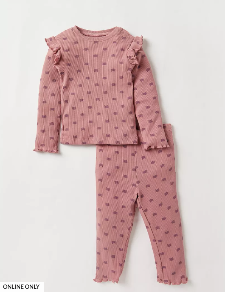 Juniors Ribbed Cat Faces Shirt & Trouser Set