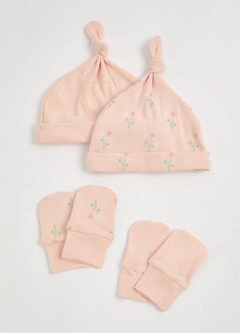 George Pack of 2 Floral Caps and Scratch Mittens
