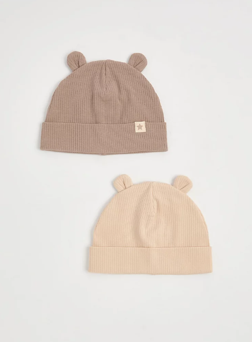 George Pack of 2 Neutral Ear Ribbed Caps