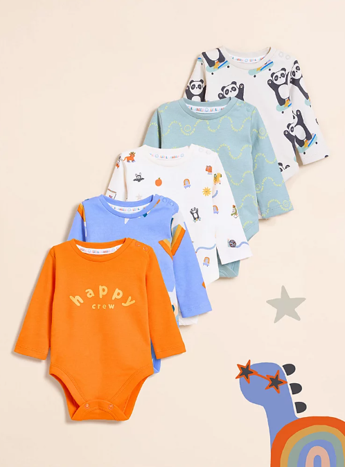 George Pack of 5 "Happy Crew" Long Sleeve Bodysuits