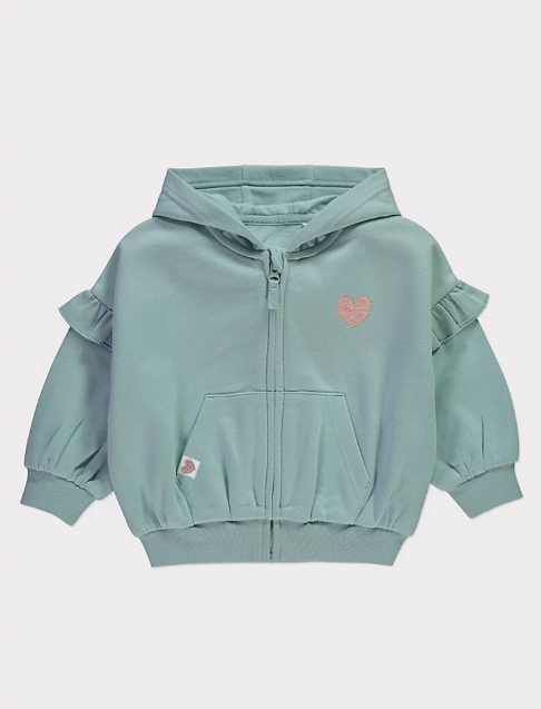 George Teal Frill Sleeve Heart Embroidery Zip Hoodie