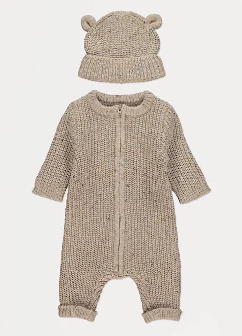 George Knitted Zip Fasten Footless Sleepsuit & Hat Outfit