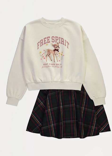 George "Free Spirit" Sweatshirt and Checked Skirt Outfit