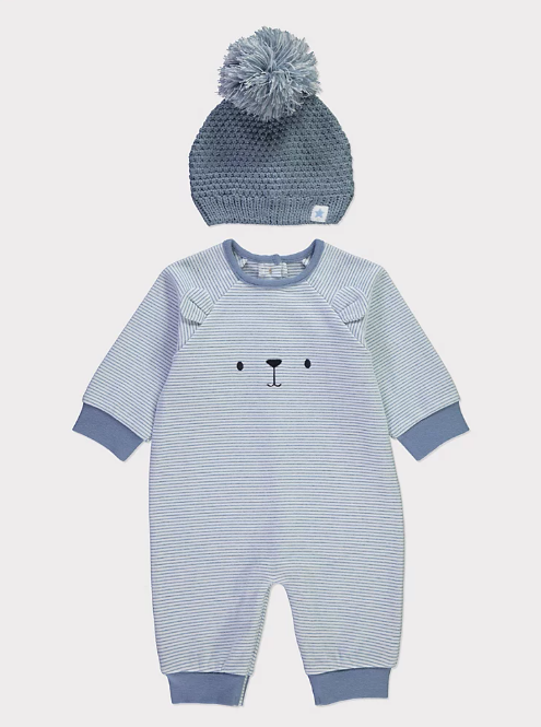 George Bear Embroidery All in One Footless Sleepsuit with Bobble Hat