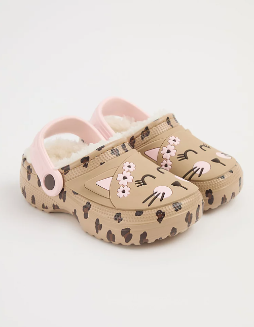 George Tan Cat Faux Fur Trim Clogs