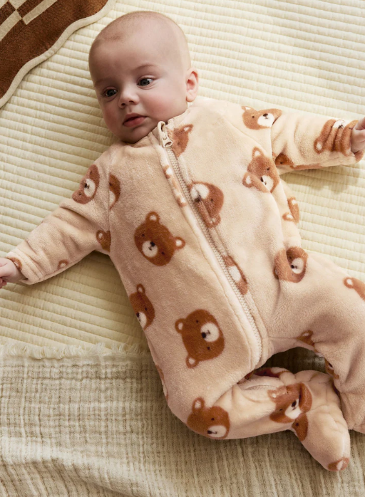 Next Bear Face Print Velour Sleepsuit