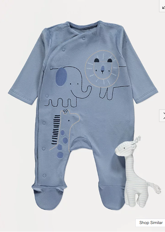 George Embroidered Lion,Elephant velour Sleepsuit with Toy