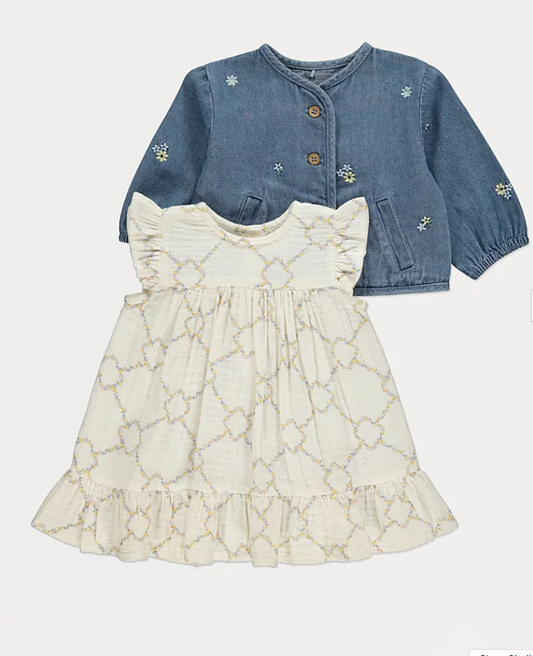 George Floral Frill Shoulder Dress and Denim Jacket Outfit