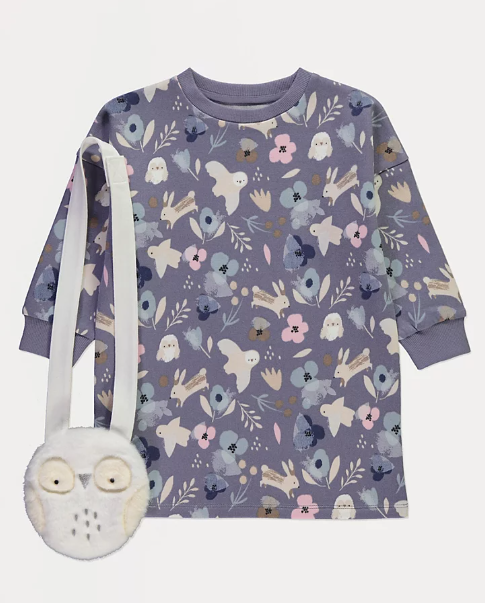 George Woodland Print Sweat Shirt Dress with Owl Bag