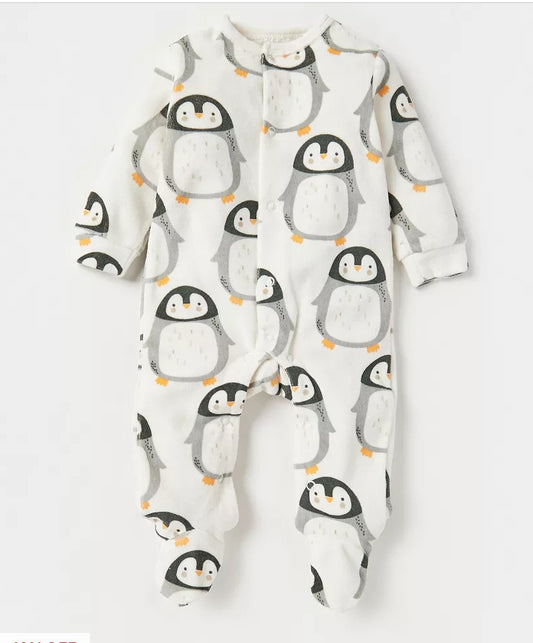 Juniors Velour Printed Penguins Sleepsuit