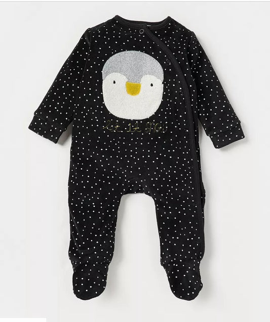 Juniors Velour Embroided Penguin Sleepsuit