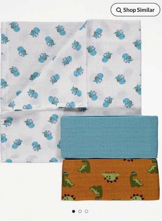 George Pack of 3 Dino Print Muslin Square