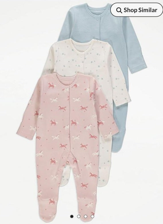 Pack of 3 printed Unicorn and Stars Sleepsuits