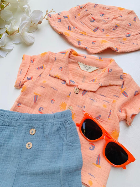 Crinkled cotton 4pc Shirt & Shorts Set