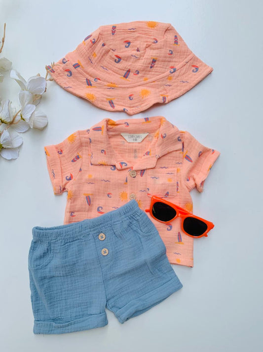 Crinkled cotton 4pc Shirt & Shorts Set