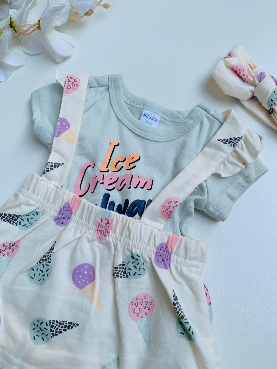 Ice-Cream 3Pc Frock with matching Headband Set