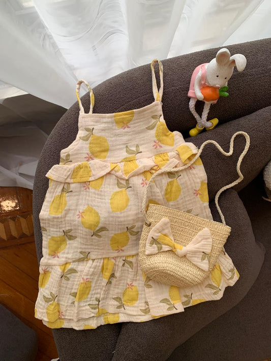 Cream Lemon-Print Frock with matching Handbag