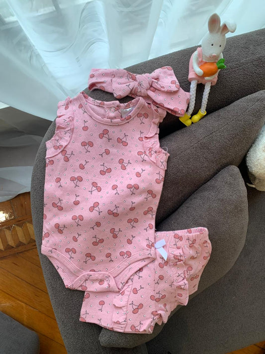 Cherry Print Bodysuit ,Short & matching Headband