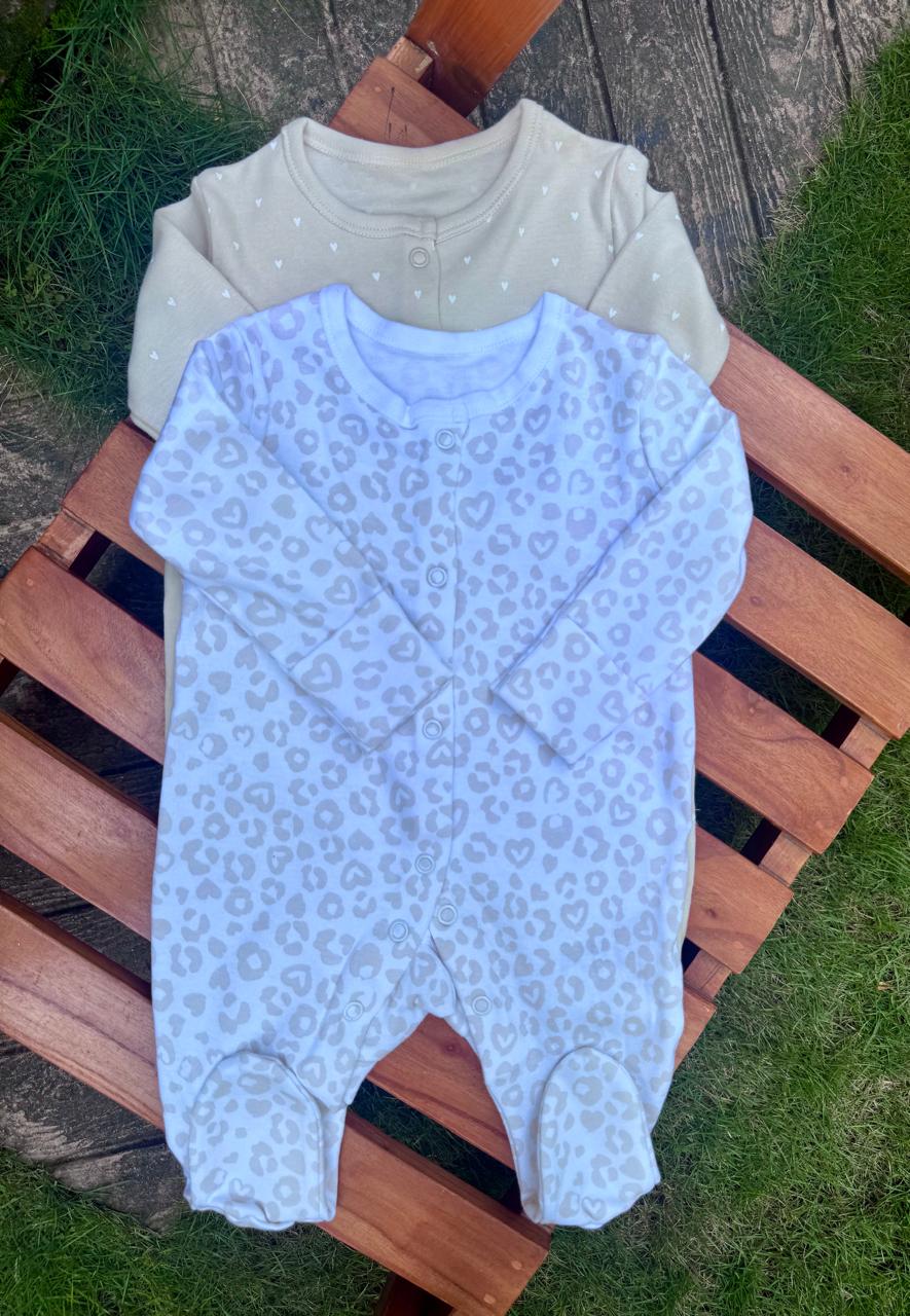 George  Pack of 2 Leopards & Hearts print Sleepsuits