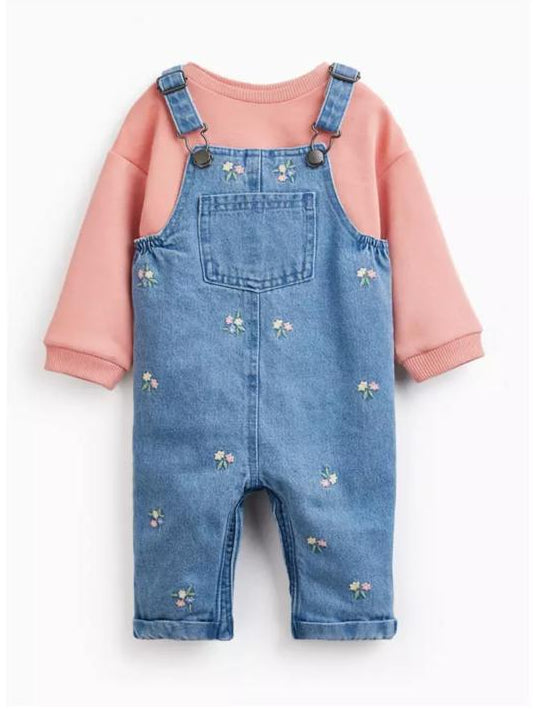 Tu Clothing Denim Floral print Dungaree with Bodysuits Set
