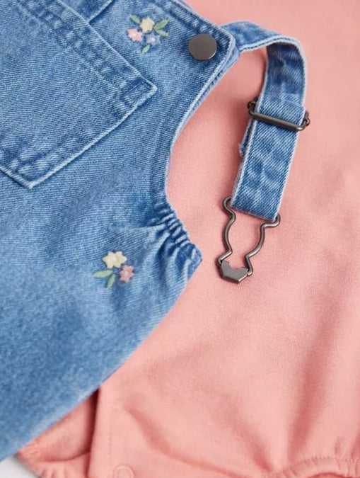 Tu Clothing Denim Floral print Dungaree with Bodysuits Set