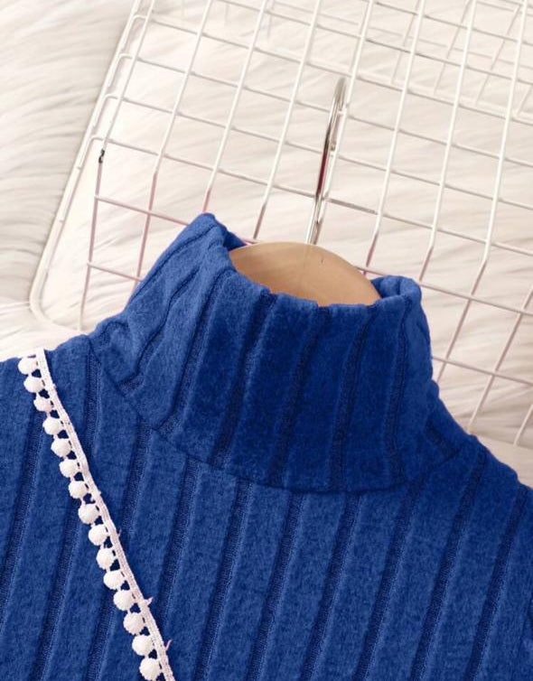 Shein High Neck Sleeve Knitted Navy Blue Frock