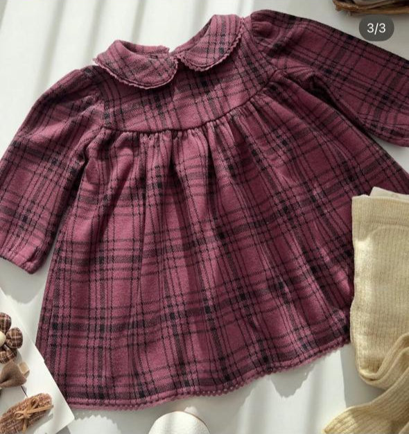 Burgundy Checked Collared Frock With leggings